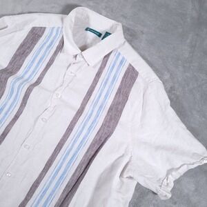 Cubavera Panel Shirt Mens 3XL Beige Blue Striped Linen Blend‎ Short Sleeve